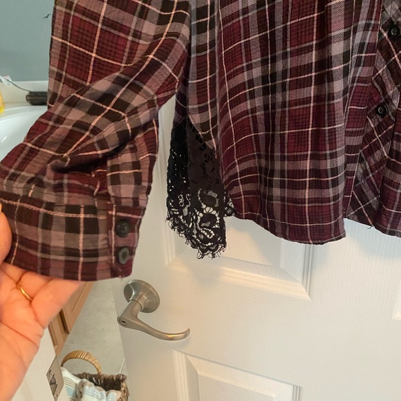 Torrid Burgundy Plaid Shirt with Lace Detail - Picture 3 of 13